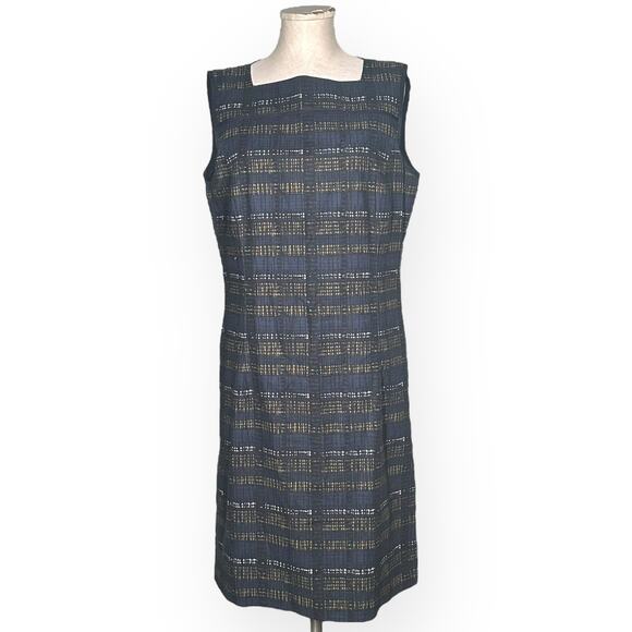 LAFAYETTE 148 NY Striped Sheath Knee Length Dress Gold Blue Career Sleeveless 12 - Picture 2 of 13